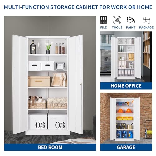 Fesbos Metal Storage Cabinet-71” Tall Steel File Cabinets with Lockable Doors and Adjustable Shelves-White Steel Storage Cabinet for Home, School, Fesbos