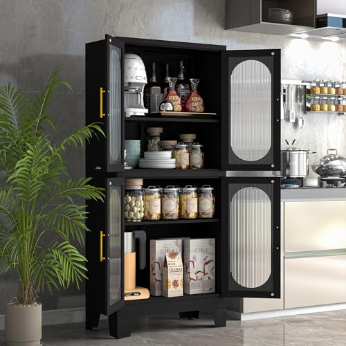RISTERN Black Metal Storage Cabinet, Kitchen Pantry Storage Cabinet with Doors and 3 Shelves(2 Adjustable), Floor Office Storage Cabinet for Kitchen, RISTERN