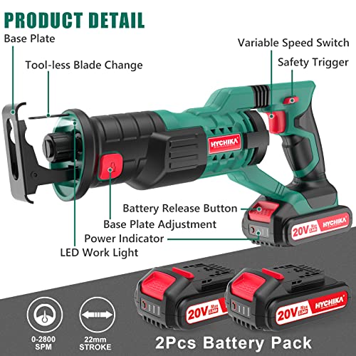 HYCHIKA Reciprocating Saw, 18V MAX Cordless Saw with 2.0Ah Battery, 2800SPM,7/8" Stroke Length, Variable Speed, Tool-Free Blade Change, 6 Saw Blades HYCHIKA BETTER TOOLS FOR BETTER LIFE