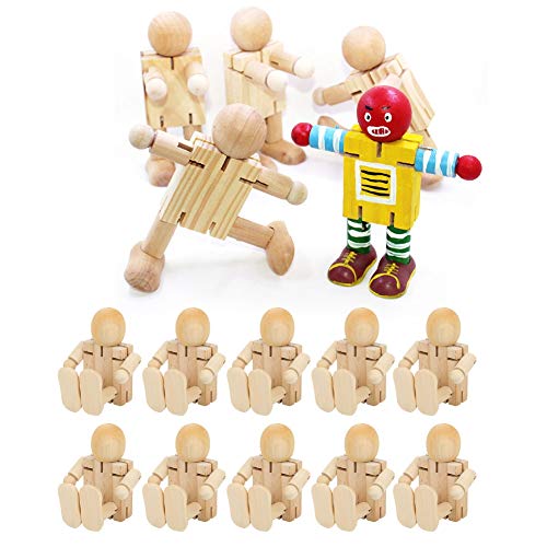 Natudeco 10PCS Toy People Set Unfinished Wood Toys Wooden Craft People Figures Unfinished Wooden Figures Kit Joint Adjustables Robot Paintable Natudeco