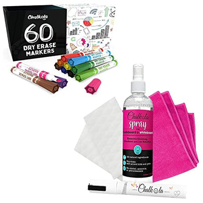 Chalkola Complete Bundle - 60 Dry Erase Markers + Spray Cleaner