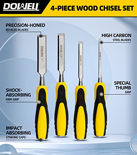 DOWELL Wood Chisel Tool Set 4pc Sturdy Chisel, 1/4 inch,1/2 inch,3/4 inch,1 inch with Carpenter Pencils HY080103 DOWELL