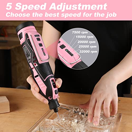 WORKPRO Pink 12V Cordless Rotary Tool Kit, 5 Variable Speeds, Powerful Engraver, Sander, Polisher, 114 Easy Change Accessories, Craft Tool for WORKPRO