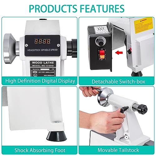 CXRCY 12" x 18" Wood Lathe, Benchtop Wood Lathe Machine 3/4 HP Infinitely Variable Speed 650-3800 RPM with Goggle & 3 Chisels for Woodworking, CXRCY