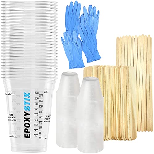 EpoxyStix Disposable Measuring Cups Combo Pack for Mixing Epoxy Resin - Pack of 25 Clear 10 Oz Cups and 100 1 Oz Medicine Cups - Includes 50 Mixing EpoxyStix