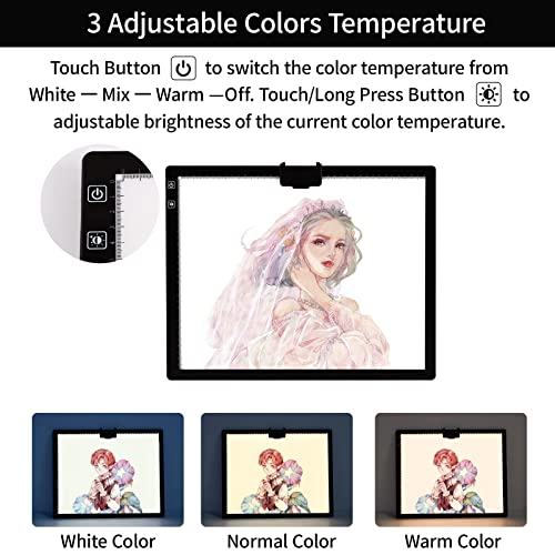 TOHETO A3 Rechargeable Led Bright Light Pad with Carry Bag, 6-Level and Stepless 3 Colors Dimming Brightness Light Box with Built-in Stand, Magnetic TOHETO