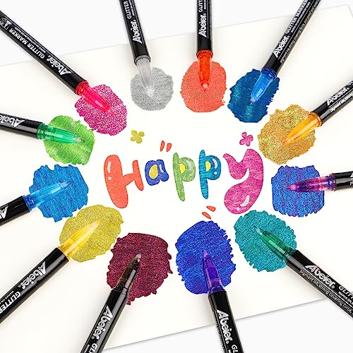 ABEIER Glitter Markers Pens, 12 Colors Sparkle Acrylic Metallic Paint Pens, Fine Point Tip, Water-based Ink for Rock Painting, Stone, Mugs, Ceramic, ABEIER