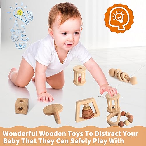 Wooden Baby Toy 8pcs, Montessori Toys for Babies 1-3 Years Old, Wooden Rattles Toy Set for Infant Grasping, Sensory Development, Gift for Baby Boys MLYEY