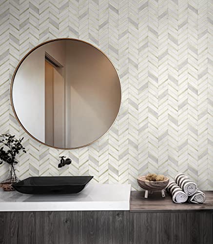 NextWall Chevron Faux Marble Tile Peel and Stick Wallpaper (Metallic Gold & Pearl Gray) NextWall