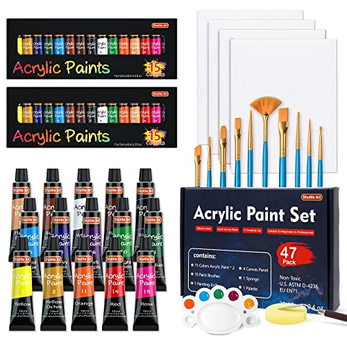 Shuttle Art 47 Pack Acrylic Paint Set, 15 Colors (12ml Each, 2Pack) Acrylic Paint with 10 Brushes Painting Canvas Knife Palette Sponge, Complete Gift Shuttle Art
