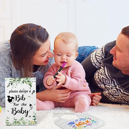 Newwiee 55 Pcs DIY Baby Bibs Set Includes 22 White Feeder Bibs 22 Stencils 10 Fabric Markers 1 Wooden Baby Shower Game Sign, White Bibs Baby Shower Newwiee