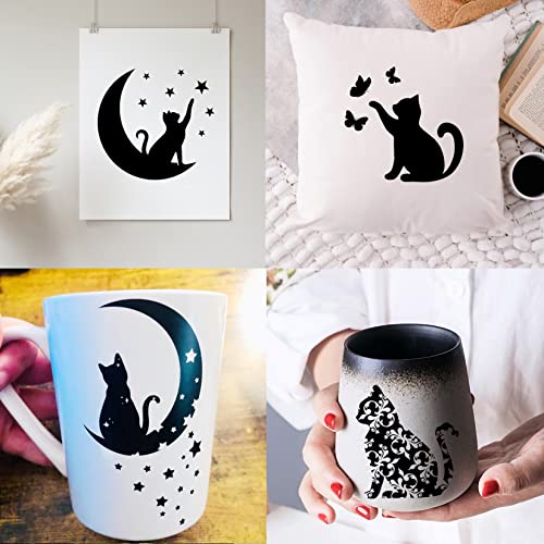 14 Pcs Cat Stencils for Painting on Wood Canvas Shirt, Small Large Flower Moon Cat Stencil Plastic Shirt Fabric Stencils for Painting on Wall Wood Hosomono