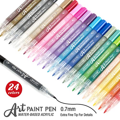 ZEYAR Acrylic Paint Pens, Extra Fine, 24 Colors, Permanent & Waterproof Ink, AP Certified, Works on Rock, Wood, Glass, Metal, Ceramic and Non porous ZEYAR