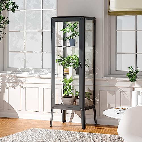 Ryoko Glass Display Cabinet with Adjustable 3-Shelf Shelves, Lock and Door, Dust-Proof, LED Light, Curio Cabinets Lego Display Case for Living Room Ryoko