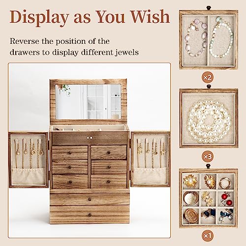 Jewelry Box for Women Wooden Jewelry Boxes & Organizers 5-Layer Rustic Latest Large Jewelry Organizer Box 2023 with Mirror & 8 Drawers for Rings Emfogo