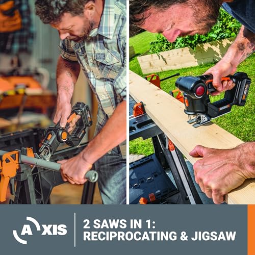 Worx 20V AXIS 2-in-1 Cordless Reciprocating Saw & Jig Saw, Orbital Cutting Reciprocating Saw, Pivoting Head Jigsaw Tool with Tool-Free Blade Change, WORX