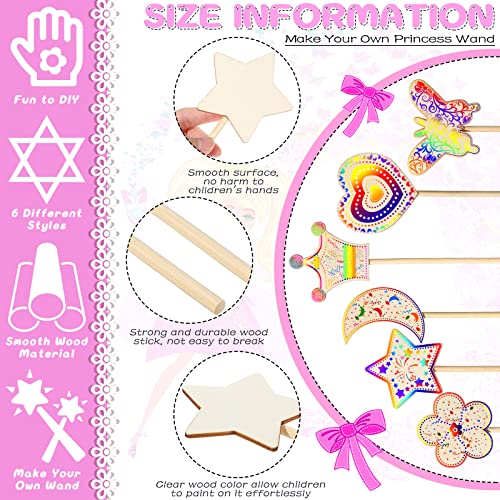 42 Pcs Princess Fairy Wands Kit, Include 36 Pcs Wooden Unfinished Wand DIY Princess Wand with 6 Sheet Colorful Diamond Sticker for Girls Make Your Cindeer