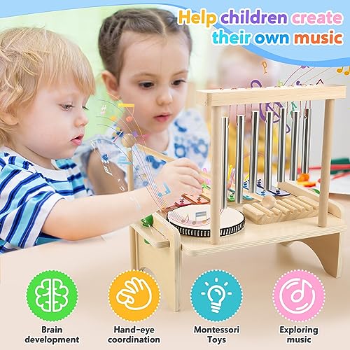 Kids Drum Set,Baby Musical Instrument for Toddler,Wooden Xylophone for Toddlers with Baby Drum Set and Wind Chime,Montessori Musical Instruments Toys BCY hohipi