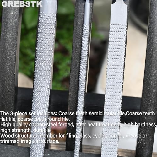 GREBSTK 8" Wood Rasp File Set with Rubber Grip Wood Course Cut Rasp 3 PCS Set, Round, Half-Round, Flat File Rasp GREBSTK