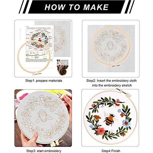 Lukinbox Embroidery Starter Kit for Beginners, 3 Sets Cross Stitch Kits for Adults, Include Embroidery Clothes with Cute Bees and Flowers Patterns, 1 Lukinbox