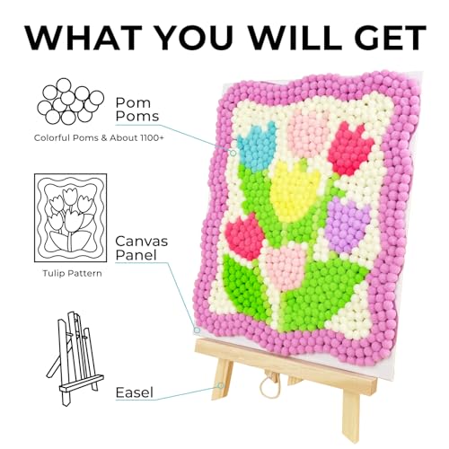 Funto Tulip Pom Pom Painting Art Kit, 1100+ pom poms, Canvas and Sturdy Easel for Home Decor, Suitable for Kids and Adults DIY Painting, Perfect Funto