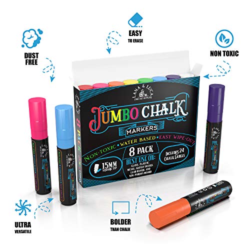LANA & LUCA Jumbo Liquid Chalk Markers Square Tip - Bold Color Chalk Board Marker for Chalkboards, Windows, Signs, Blackboards - 24 Chalkboard Labels LANA & LUCA