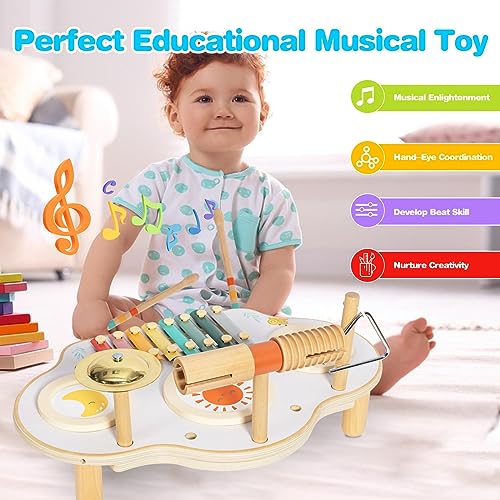 Twefex Kids Drum Set - 9 in 1 Baby Drum Set for Toddlers - Montessori Musical Instruments Toy for Babies - Wooden Xylophone Musical Toys for Boys and Twefex