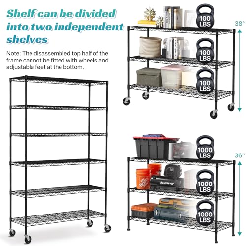 YRLLENSDAN 6 Tier Wire Shelving Unit 6000lbs Capacity Metal Storage Shelves with Wheels Height Adjustable Heavy Duty Steel Shelf for Kitchen YRLLENSDAN