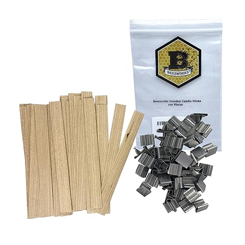 Beesworks Wooden Candle Wicks | 100 pcs Wooden Candle Wicks 5.1 x 0.5 inch | 100% Natural Smokeless Crackling Wooden Candle Wicks with Iron Standers BEESWORKS