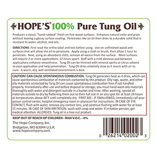 HOPE'S 100% Pure Tung Oil, Food Safe, Premium Waterproof Natural Wood Finish and Sealer for Indoor and Outdoor Projects, 32 Fl Oz, 1 Pack HOPE'S