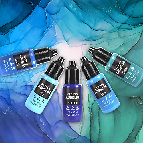 Pixiss Blue Alcohol Ink Set - 5 Shades of Highly Saturated Alcohol Ink for Epoxy Resin Supplies, Yupo Paper, Tumblers, Coasters - Resin Colorant for Pixiss