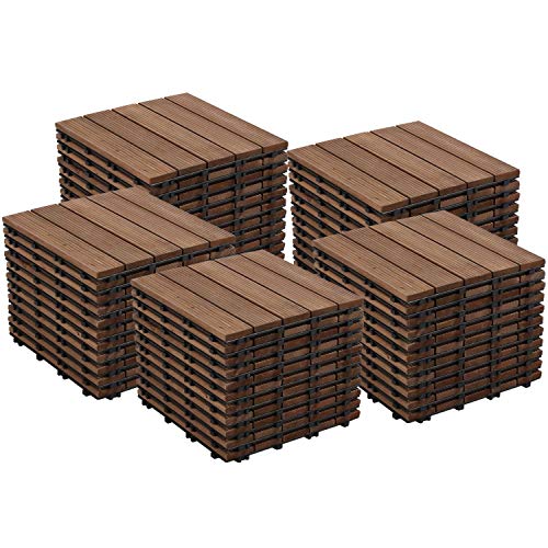 Yaheetech 55pcs Patio Deck Tiles Interlocking Wood Composite Deck Wooden Flooring Deck Tiles 12 x 12in Fir Wood Indoor&Outdoor, Brown Yaheetech