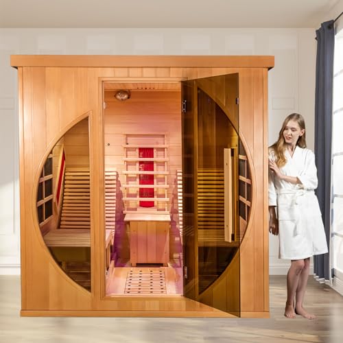 Smartmak Far Infrared Two Person Wood Sauna with Recliner, Canadian Hemlock Home luxurious Wooden Indoor Sauna Spa Room 220V, 3400W Detox Therapy Smartmak