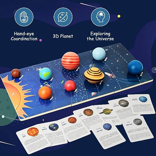 Wooden Solar System Model Board, Montessori Toys Planets Puzzle Science STEM Space Learning for Kids 4-8 with 3D Planets Models, Prechool Educational Xylolin