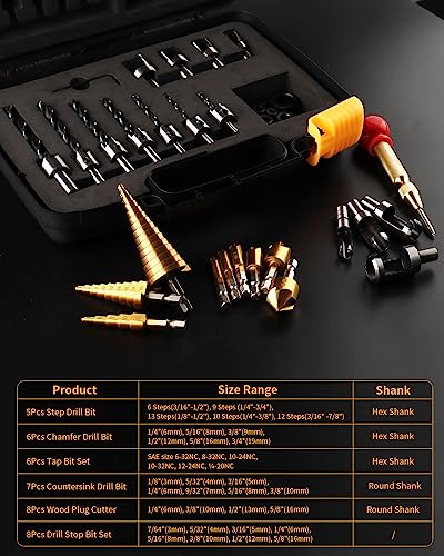 ZORUNNA 34 Pcs Woodworking Chamfer Drilling Tools Including 6 Countersink Drill Bit Set, 7 Countersink Drill Bit, 8 Plug Cutters for Woodworking, 3 ZORUNNA