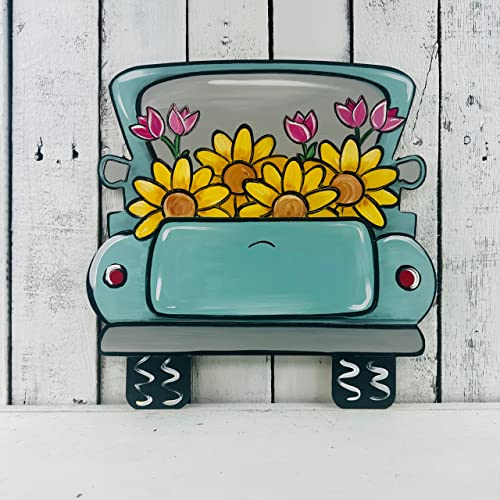 Truck with Flowers Wooden Shape, Engraved Shape, Unfinished Wood Craft, Build-A-Cross Build-A-Cross