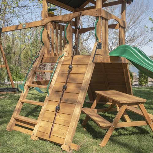 Backyard Discovery Endeavor II All Cedar Wood Swing Set Playset for Backyard with Wave Slide Climbing Wall with Rope Picnic Table Double Wide Rock Backyard Discovery