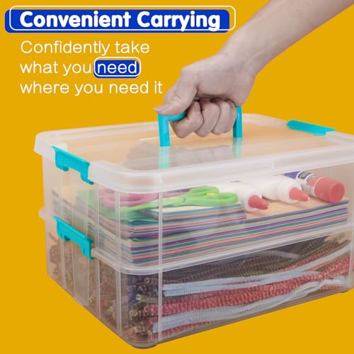 TERGOO 2 Layer Plastic Storage Containers with Lids, Multipurpose Clear Stack & Carry Box, Portable Craft Organizers and Storage Bin for Organizing TERGOO