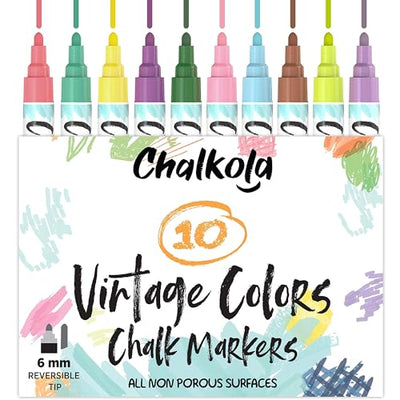 Chalkola Liquid Chalk Markers for Chalkboard, Blackboard, Window, Bistro, Car Glass, Board, Mirror - 10 Vintage Colors, 6mm Reversible Tip, Wet Wipe