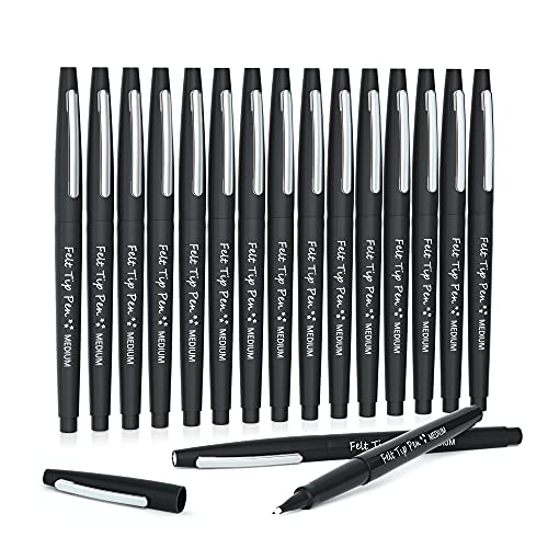 Lelix Felt Tip Pens, 15 Black Pens, 0.7mm Medium Point Felt Pens, Felt Tip Markers Pens for Journaling, Writing, Note Taking, Planner, Perfect for Lelix