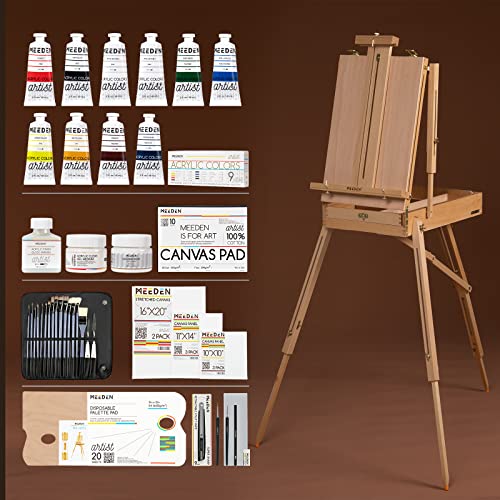 MEEDEN Art Set with French Easel for Professional Artist,Supplies Acrylic Painting(10-60ML) Kit with Paintbrushes for Adults,Pre Painter and Canvas MEEDEN