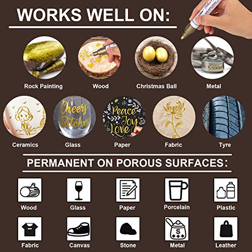 VHEONET Paint Pen 3 Gold & 3 Silver Metallic Permanent Acrylic Markers Set for Fabric Glass Plastic Rock Wood Ceramic Leather Tire Painting, Medium VHEONET
