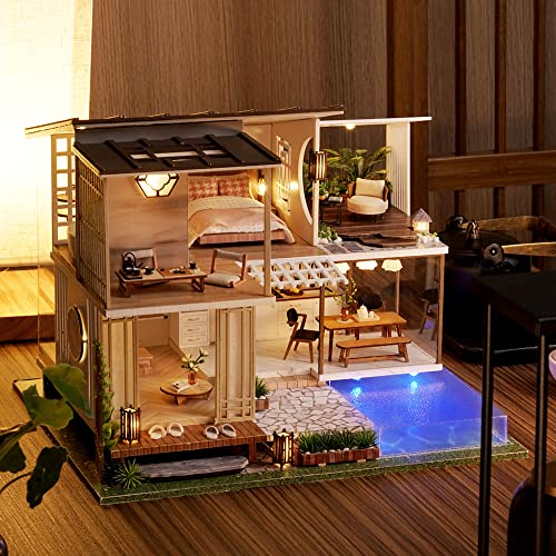 Spilay DIY Dollhouse Miniature Wooden Furniture Kit,Handmade Craft Mini Villa Model with Dust Proof Cover and Music Box,1:24 Scale Creative Doll Spilay