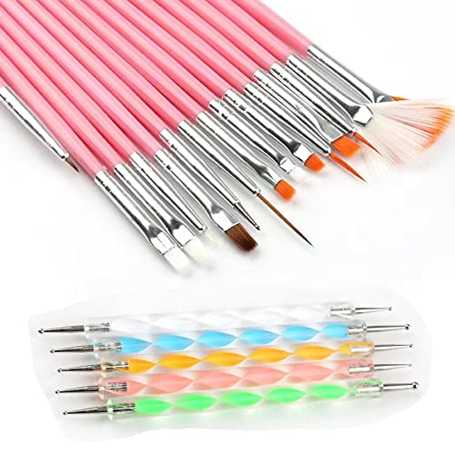 20pc Nail Art Painting Brush Pen Tools Kit UV Gel Building Drawing Linering Brushes Set Mandala Nail Dotting Pens (Pink) Lifextol