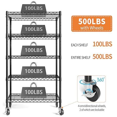 Hodonas Metal Shelving Unit with Wheels, 5-tier Wire Shelving with Adjustable Shelves for Storage, Freestanding Heavy Duty Metal Wire Storage Shelf Hodonas