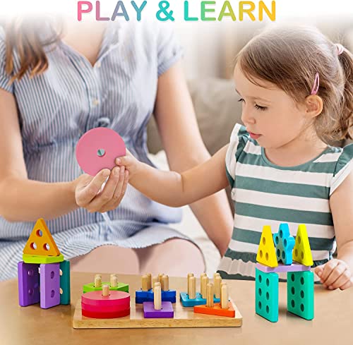 HELLOWOOD Wooden Sorting & Stacking Toys, Montessori Toys for 1 2 3 Years Old Toddlers, Shape Sorter Puzzles with 24-Piece Large Geometric Blocks & HELLOWOOD