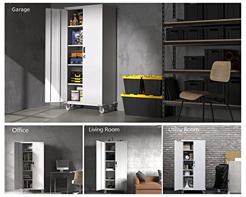 VINGLI 72" Tall Metal Storage Cabinets with Doors and 4 Adjustable Shelves for Garage, Office, Classroom, Laundry&Utility Room with Wheels, Grey, 32W VINGLI