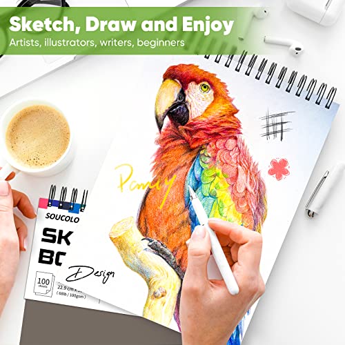 Soucolor 9" x 12" Sketch Book, 1-Pack 100 Sheets Spiral Bound Art Sketchbook, Acid Free (68lb/100gsm) Artist Drawing Book Paper Painting Sketching Soucolor