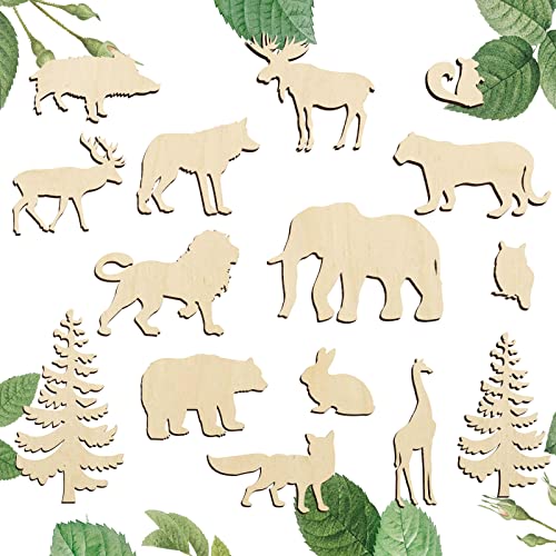 Set of 15 Wood Cutouts,Forest Animals Wood Cutouts for Crafts,Wooden Crafts to Paint,Unfinished Wooden Animal Cutout,Bear Deer Pine Trees Elephant Zhuper
