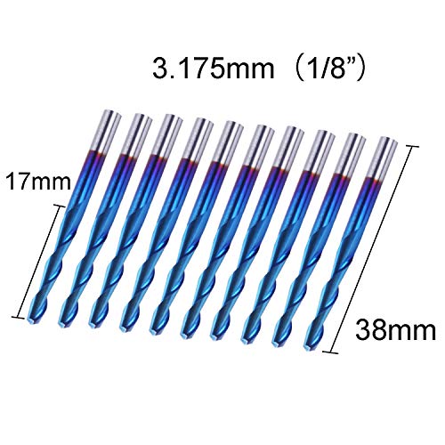 SainSmart Genmitsu 10Pcs Nano Blue Coat Flat Nose End Mill CNC Router Bits, 1/8" Shank Spiral Upcut 2 Flute End Mill Set (3.175 x 17 x 38mm) SainSmart
